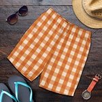 Burnt Orange And White Check Print Men's Shorts