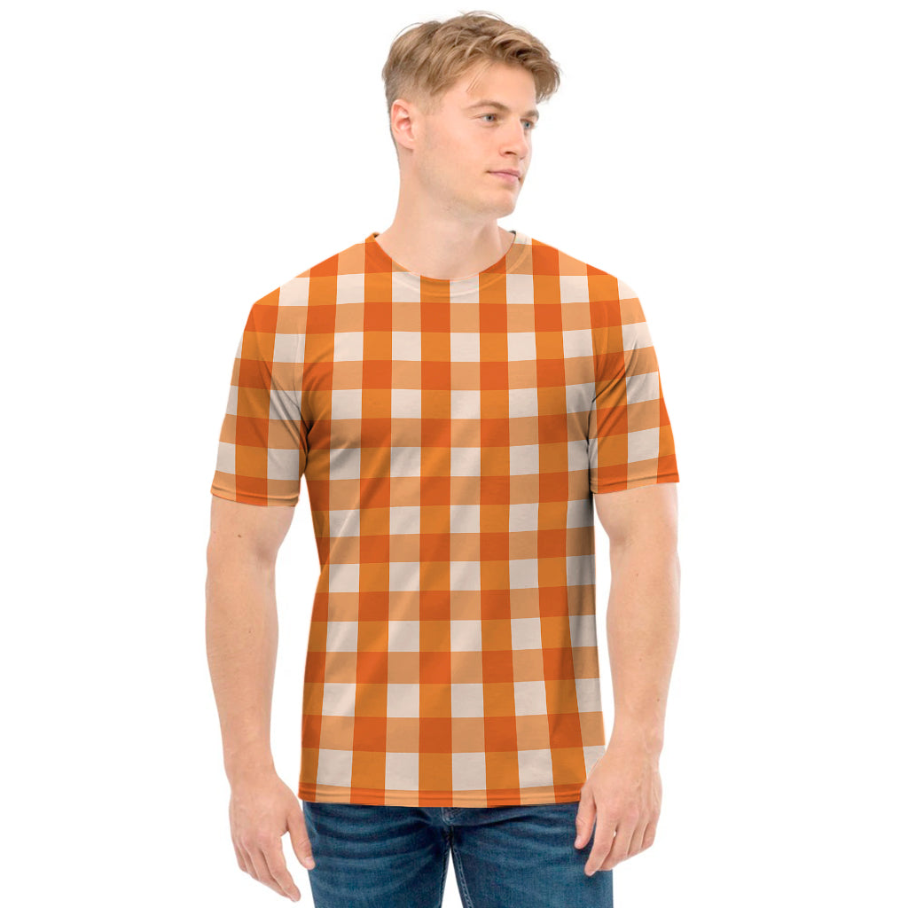 Burnt Orange And White Check Print Men's T-Shirt