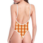 Burnt Orange And White Check Print One Piece High Cut Swimsuit