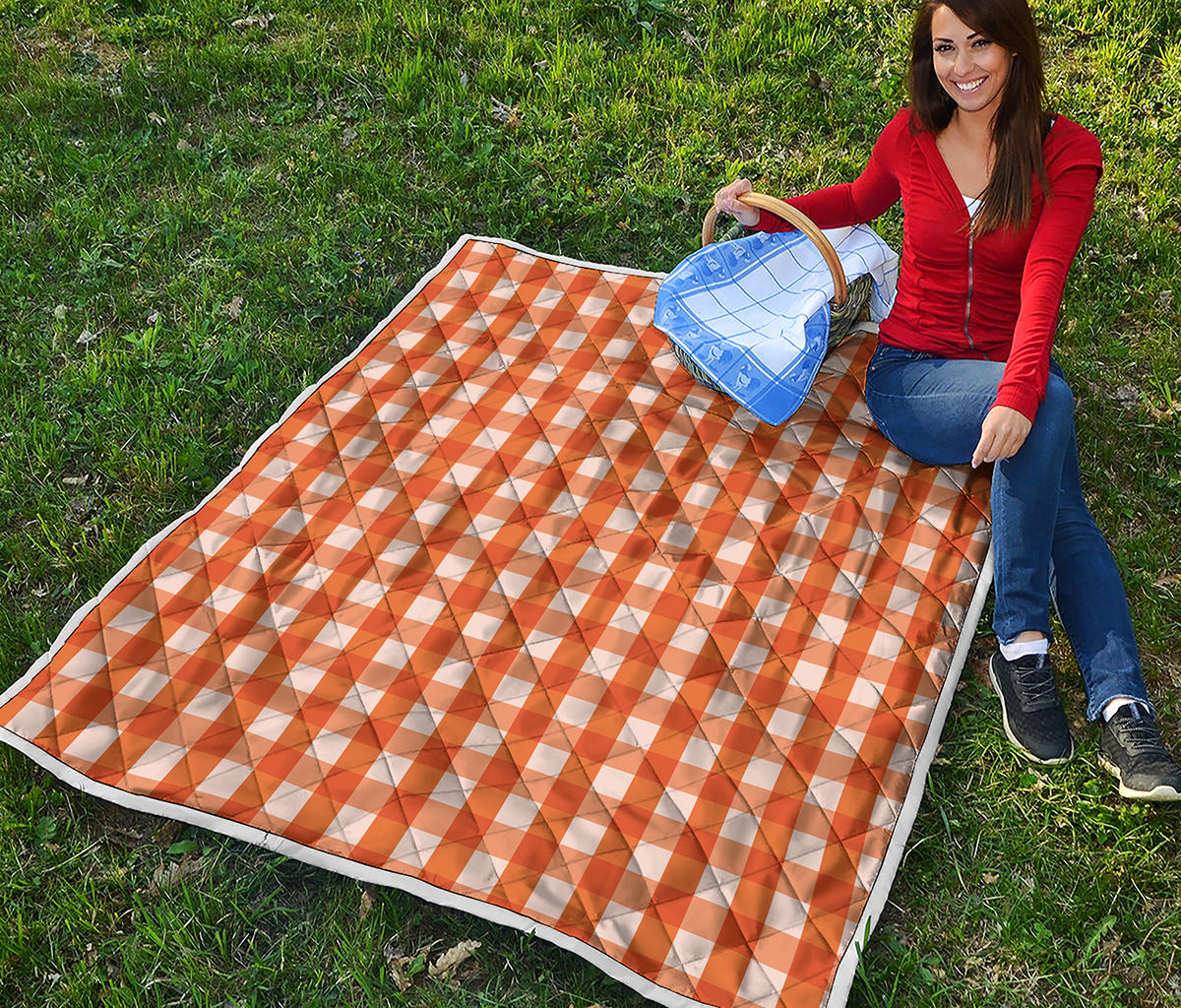 Burnt Orange And White Check Print Quilt