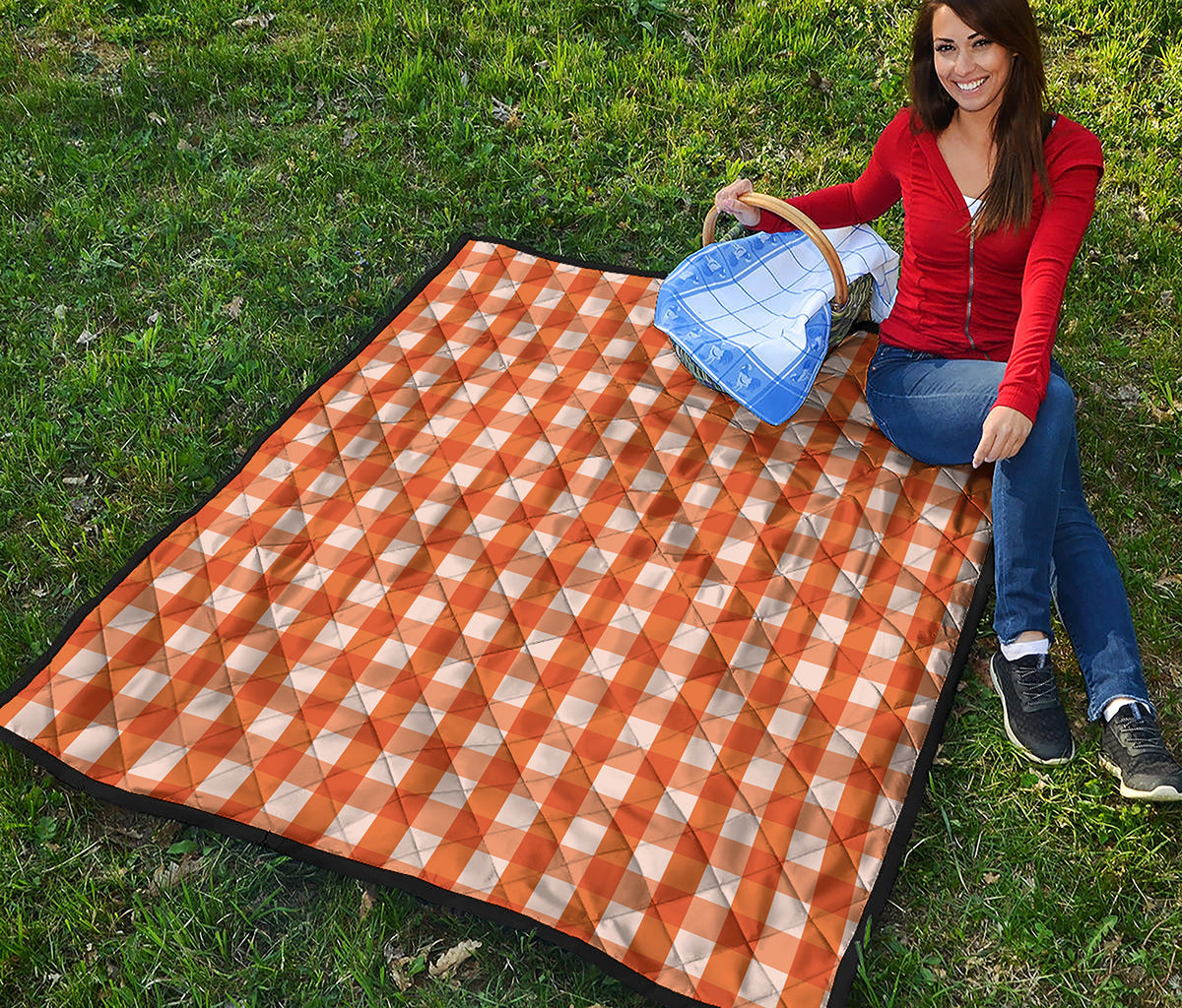 Burnt Orange And White Check Print Quilt