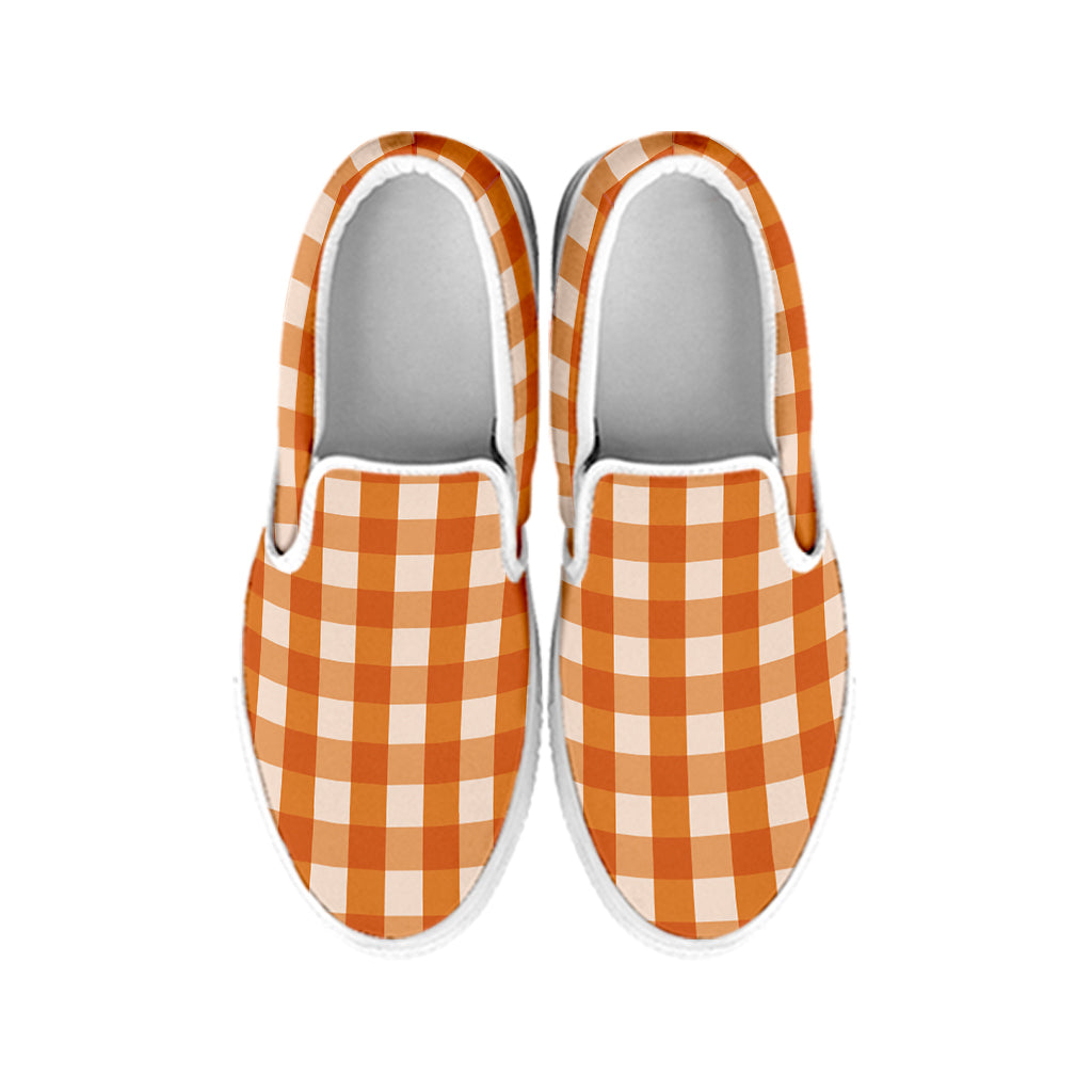 Burnt Orange And White Check Print White Slip On Shoes