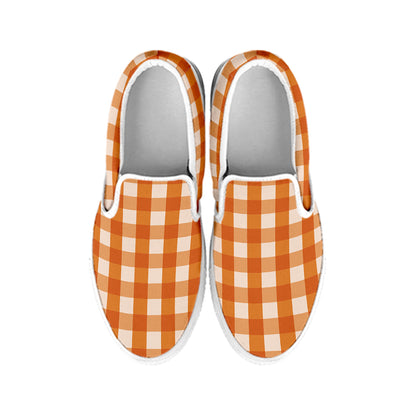Burnt Orange And White Check Print White Slip On Shoes
