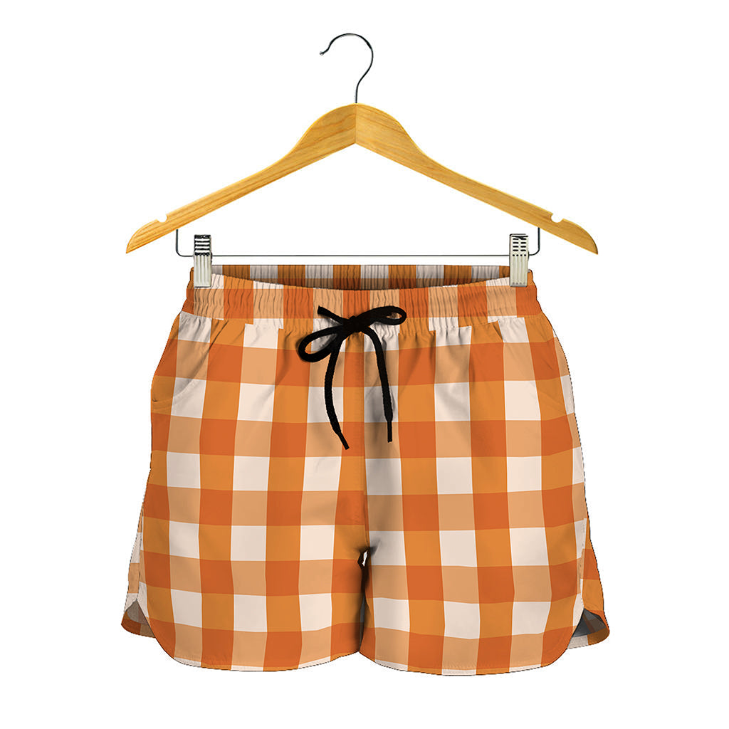Burnt Orange And White Check Print Women's Shorts