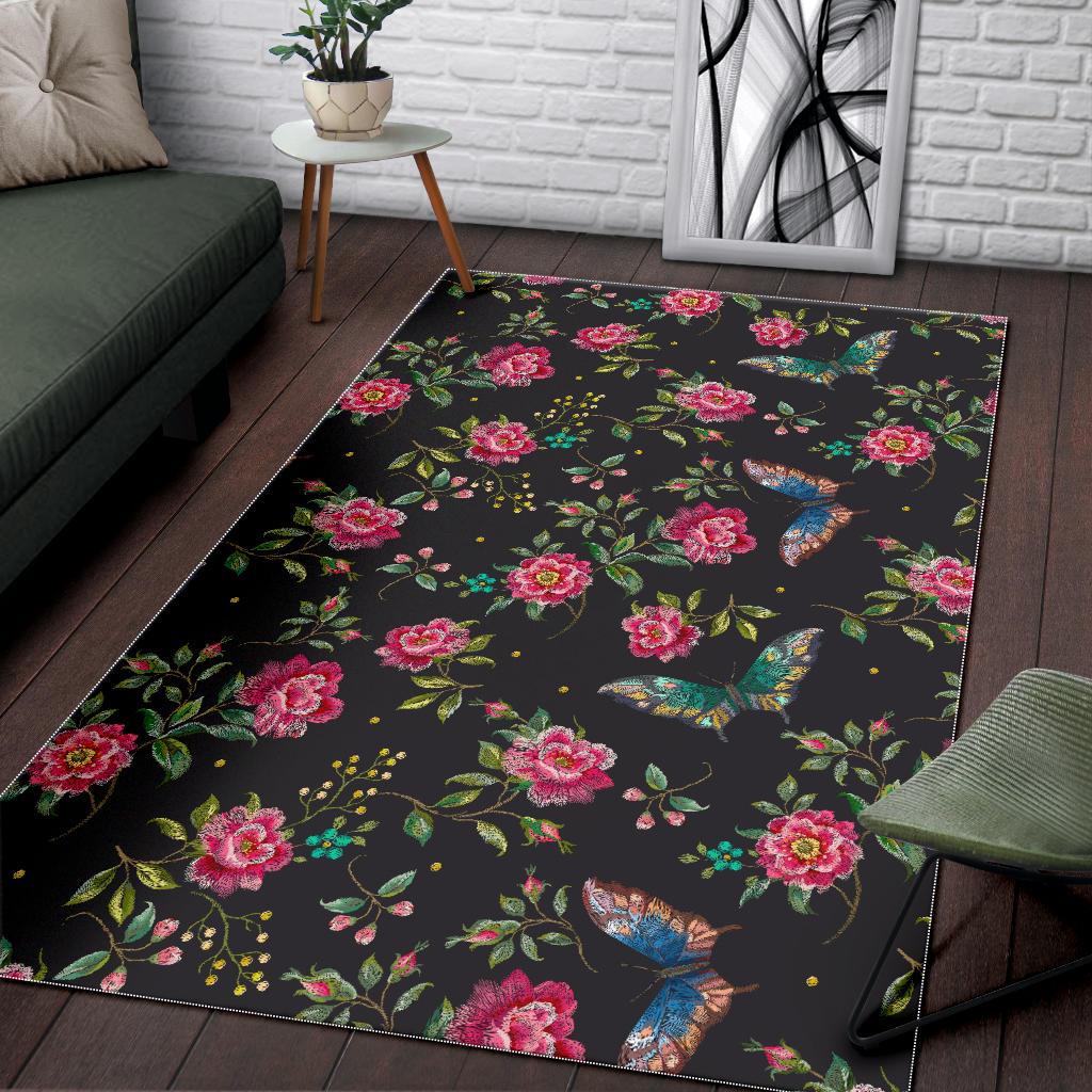 Butterfly And Flower Pattern Print Area Rug GearFrost