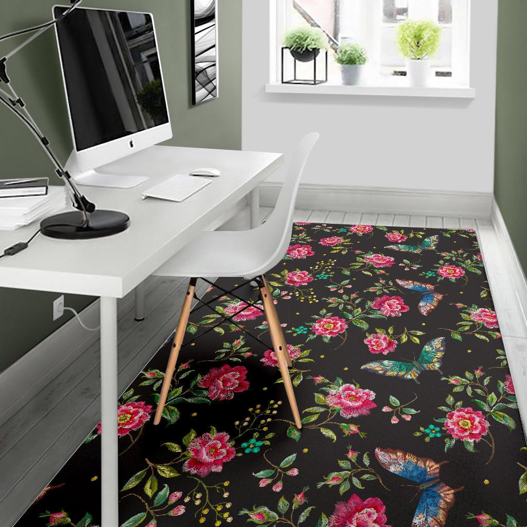 Butterfly And Flower Pattern Print Area Rug GearFrost