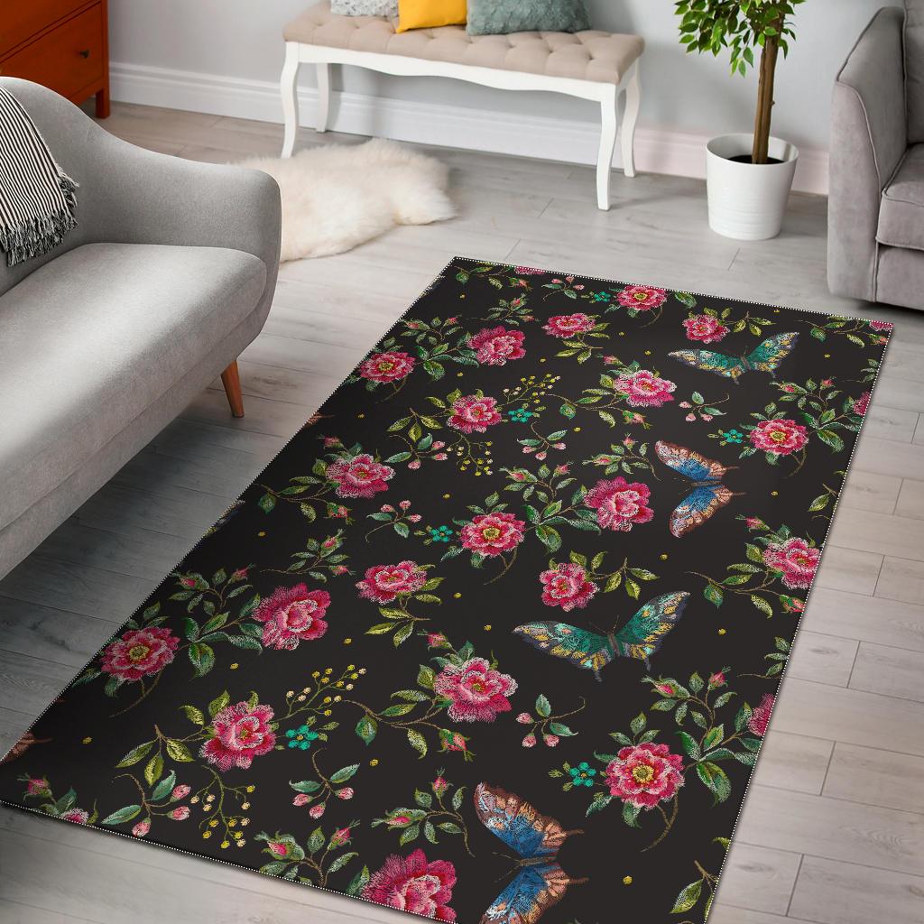 Butterfly And Flower Pattern Print Area Rug GearFrost