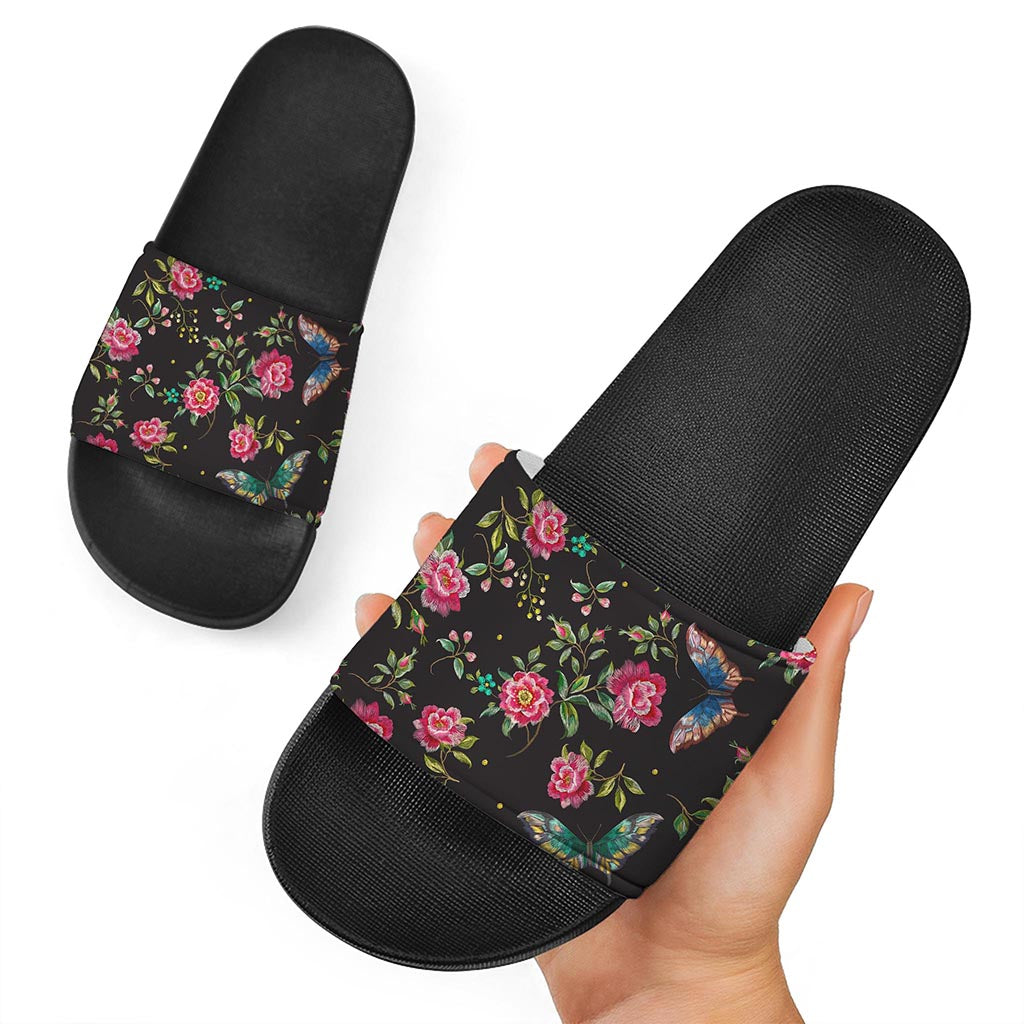 Butterfly And Flower Pattern Print Black Slide Sandals
