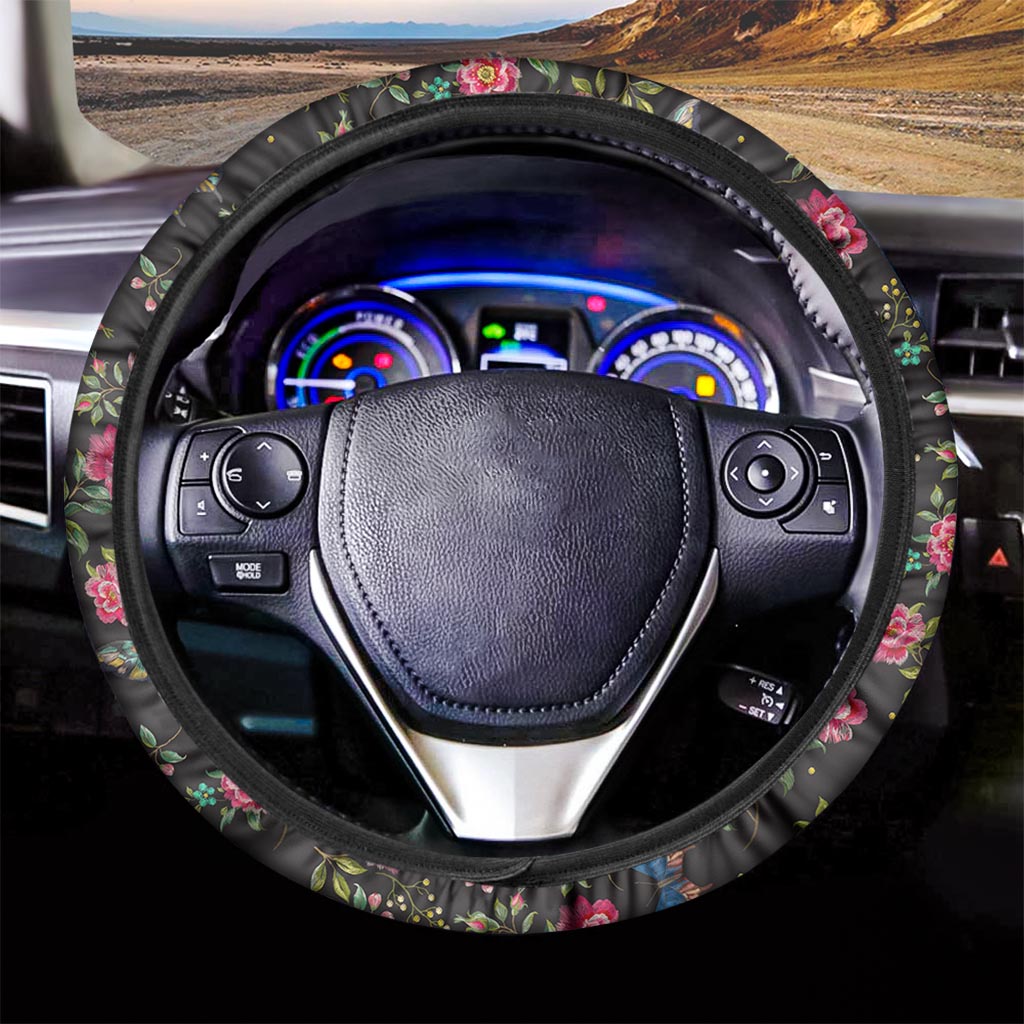 Butterfly And Flower Pattern Print Car Steering Wheel Cover