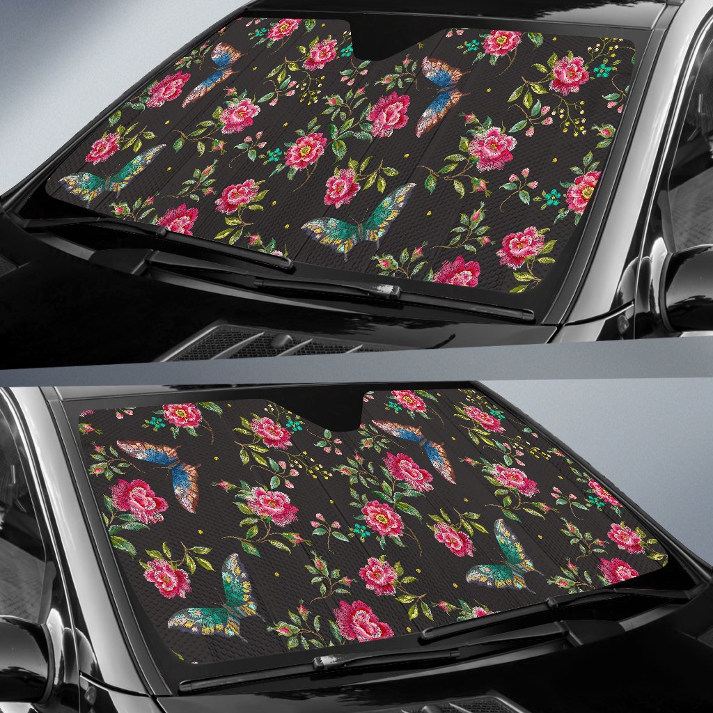 Butterfly And Flower Pattern Print Car Sun Shade GearFrost