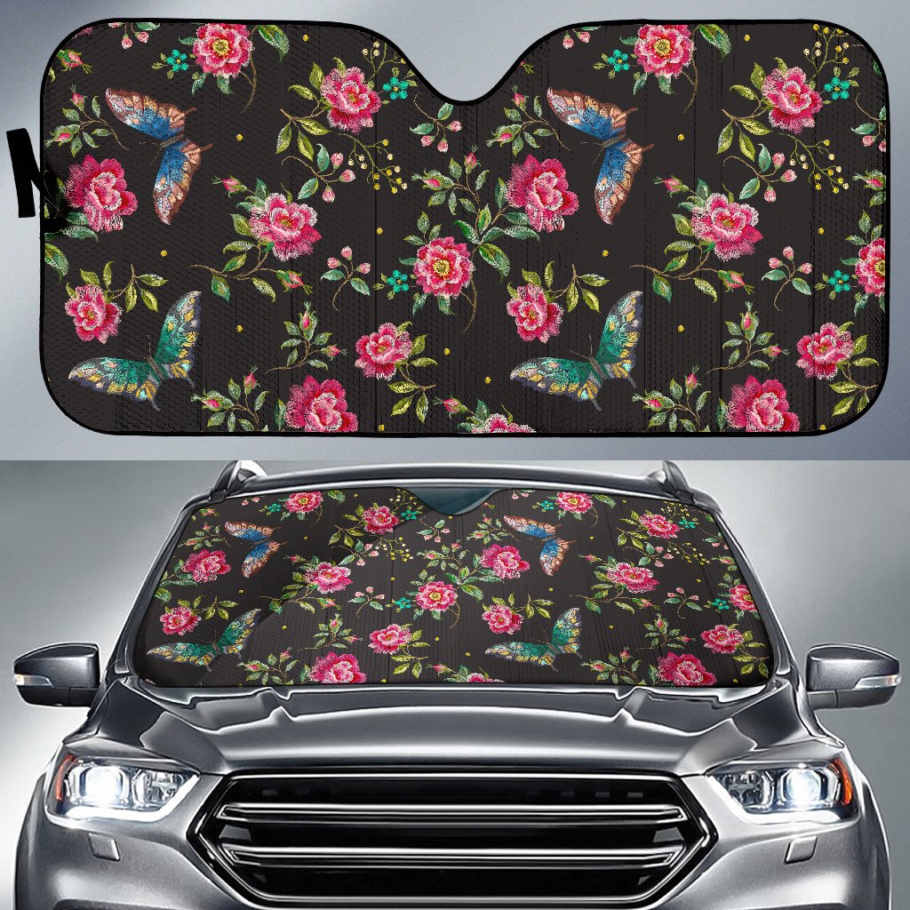 Butterfly And Flower Pattern Print Car Sun Shade GearFrost