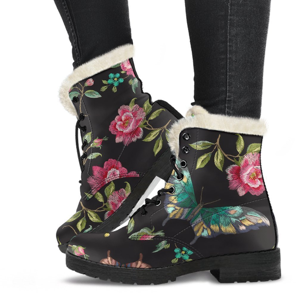 Butterfly And Flower Pattern Print Comfy Boots GearFrost