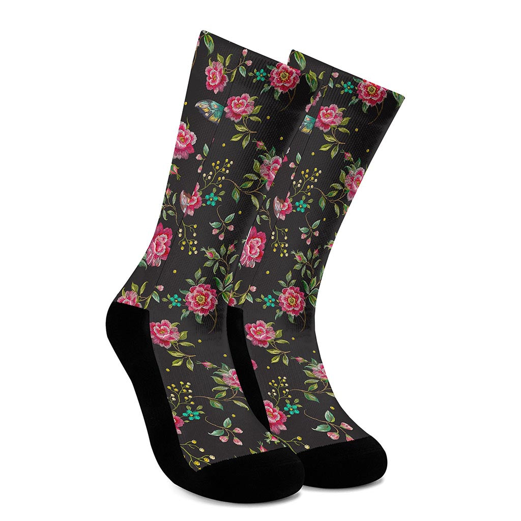 Butterfly And Flower Pattern Print Crew Socks