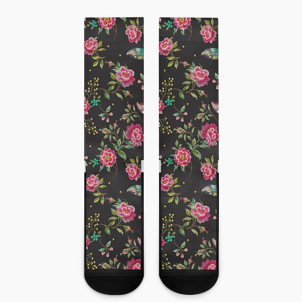 Butterfly And Flower Pattern Print Crew Socks