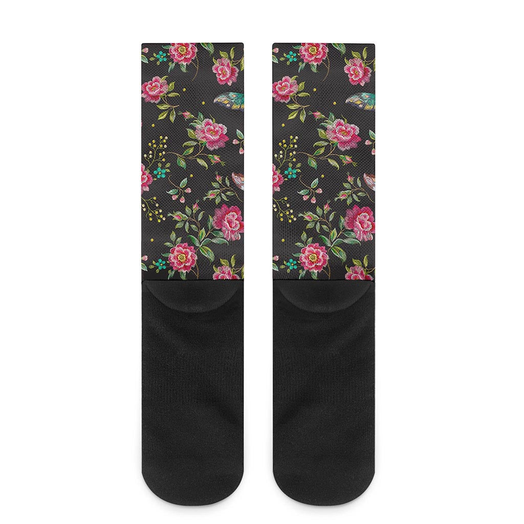 Butterfly And Flower Pattern Print Crew Socks