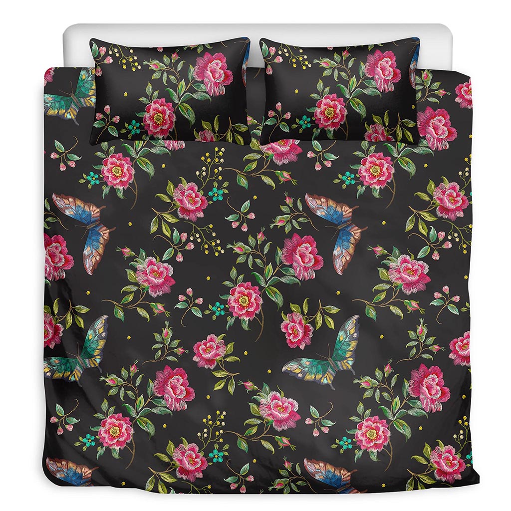 Butterfly And Flower Pattern Print Duvet Cover Bedding Set