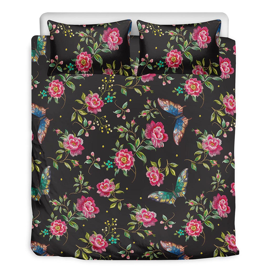 Butterfly And Flower Pattern Print Duvet Cover Bedding Set