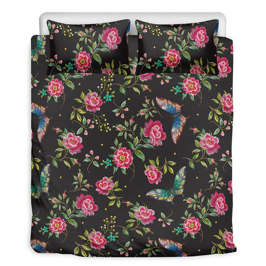 Butterfly And Flower Pattern Print Duvet Cover Bedding Set