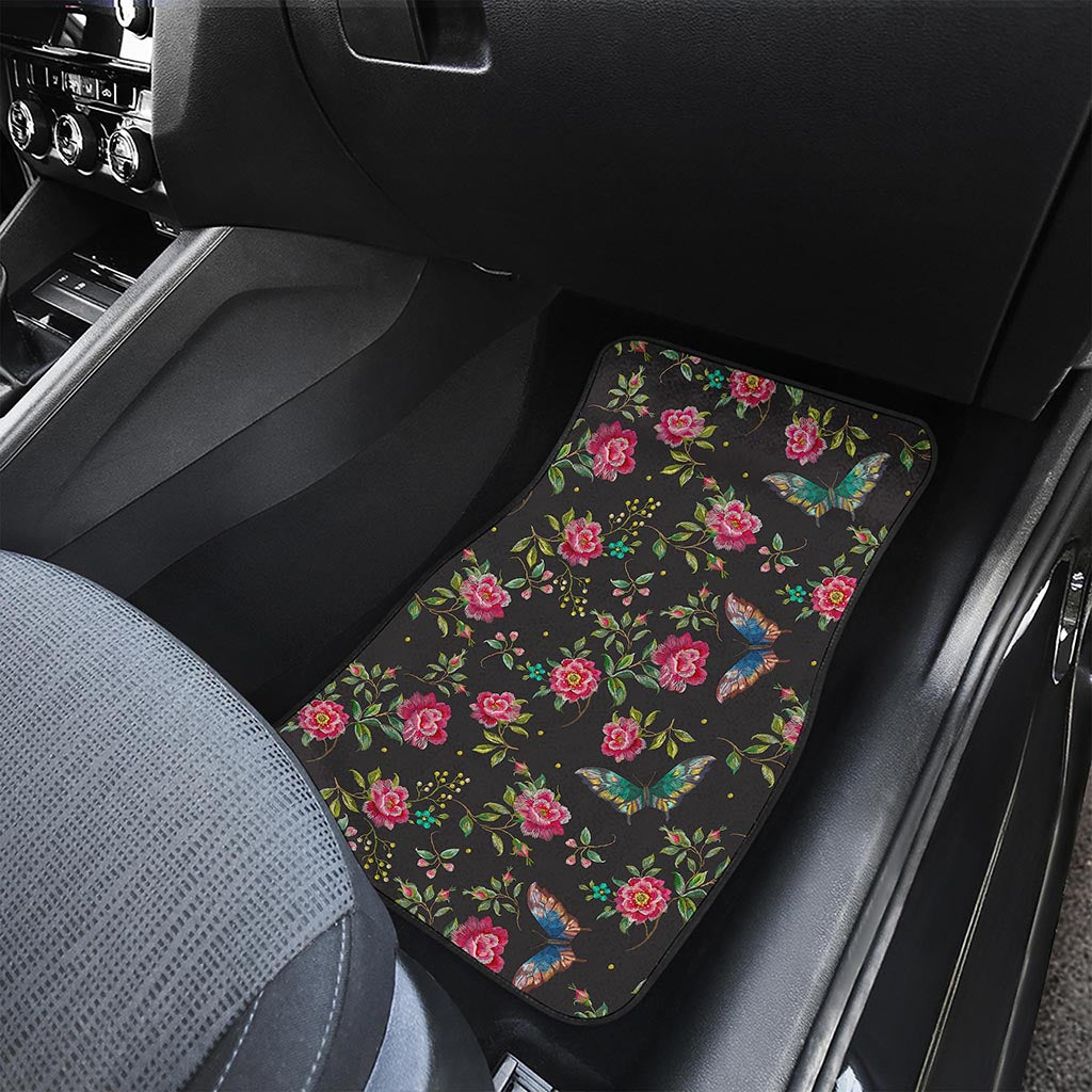 Butterfly And Flower Pattern Print Front and Back Car Floor Mats
