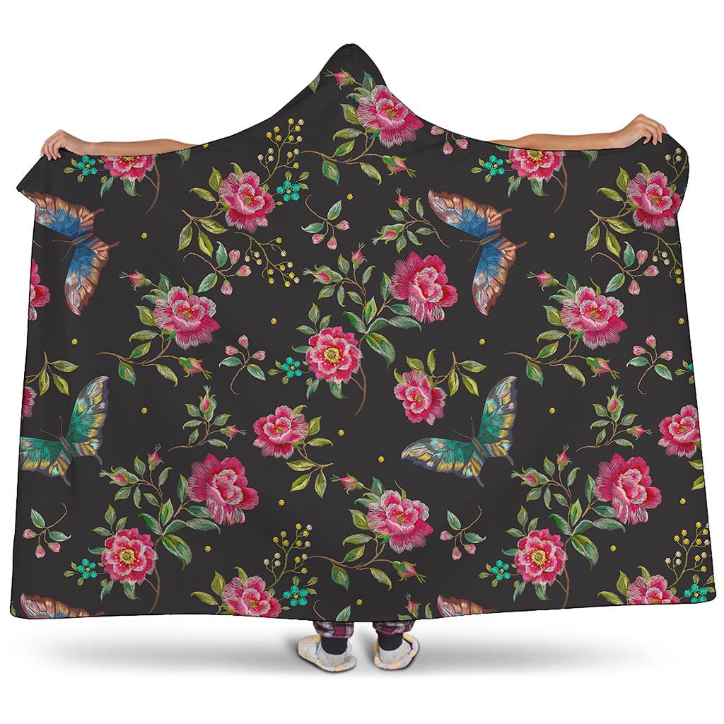 Butterfly And Flower Pattern Print Hooded Blanket