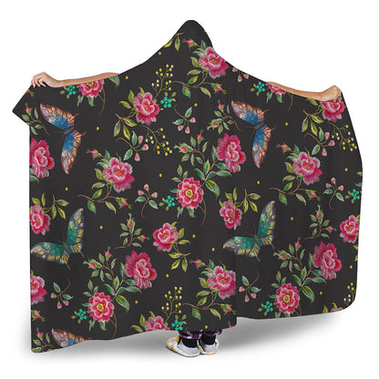 Butterfly And Flower Pattern Print Hooded Blanket