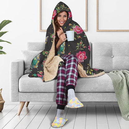 Butterfly And Flower Pattern Print Hooded Blanket