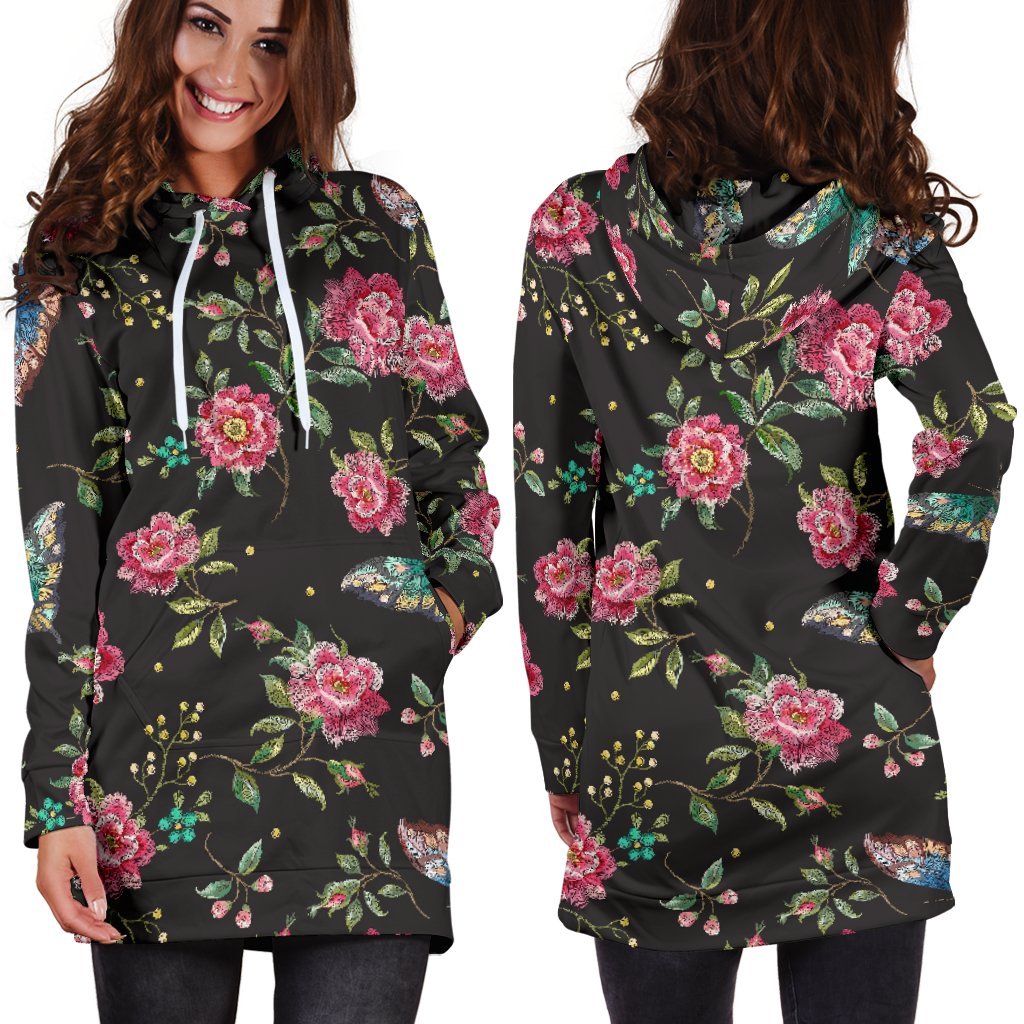 Butterfly And Flower Pattern Print Hoodie Dress GearFrost