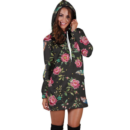 Butterfly And Flower Pattern Print Hoodie Dress GearFrost