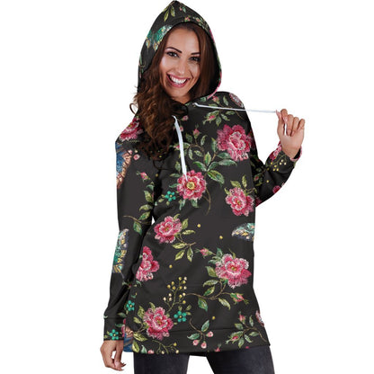 Butterfly And Flower Pattern Print Hoodie Dress GearFrost