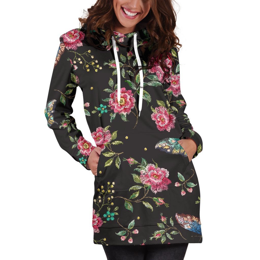 Butterfly And Flower Pattern Print Hoodie Dress GearFrost