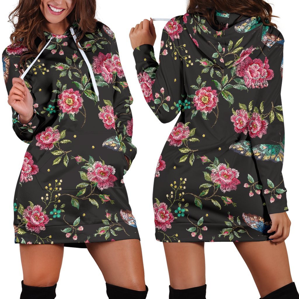 Butterfly And Flower Pattern Print Hoodie Dress GearFrost