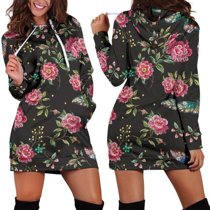Butterfly And Flower Pattern Print Hoodie Dress GearFrost