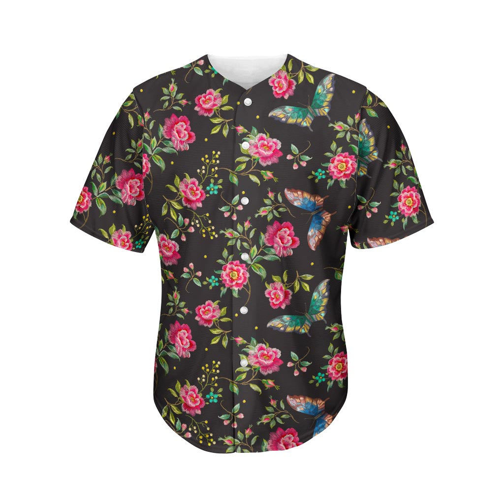 Butterfly And Flower Pattern Print Men's Baseball Jersey