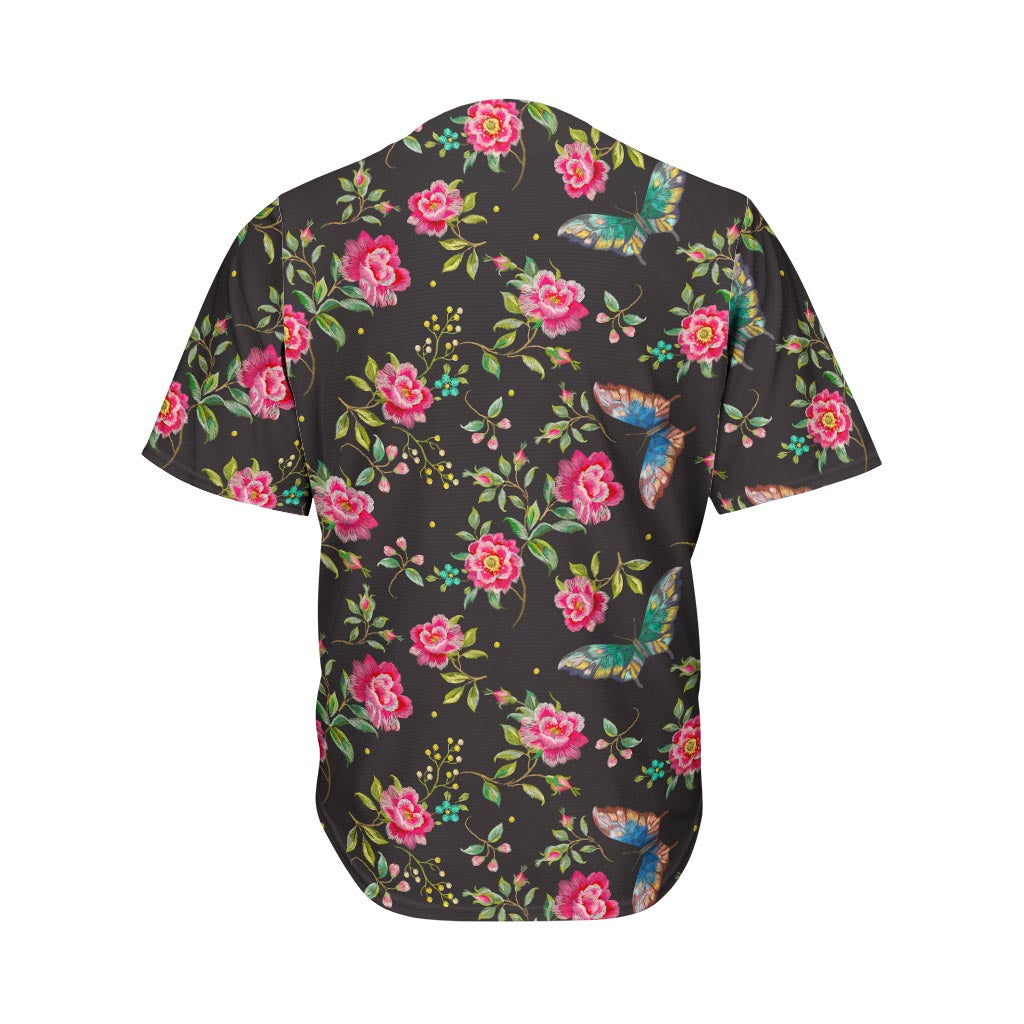 Butterfly And Flower Pattern Print Men's Baseball Jersey