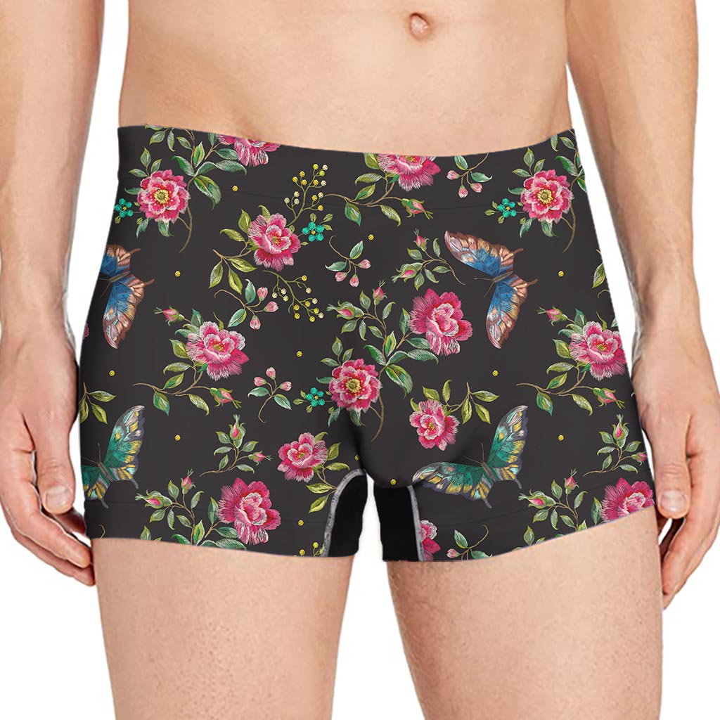 Butterfly And Flower Pattern Print Men's Boxer Briefs