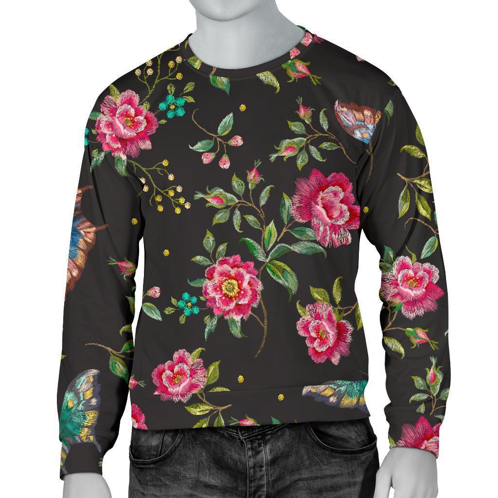 Butterfly And Flower Pattern Print Men's Crewneck Sweatshirt GearFrost