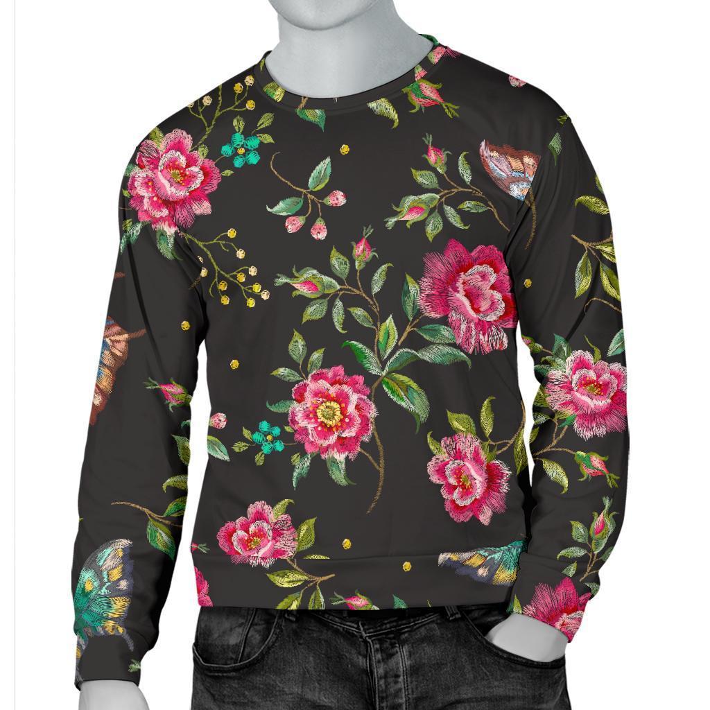 Butterfly And Flower Pattern Print Men's Crewneck Sweatshirt GearFrost