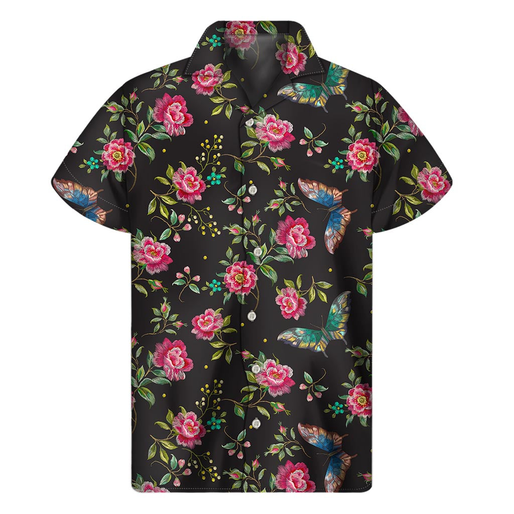 Butterfly And Flower Pattern Print Men's Short Sleeve Shirt