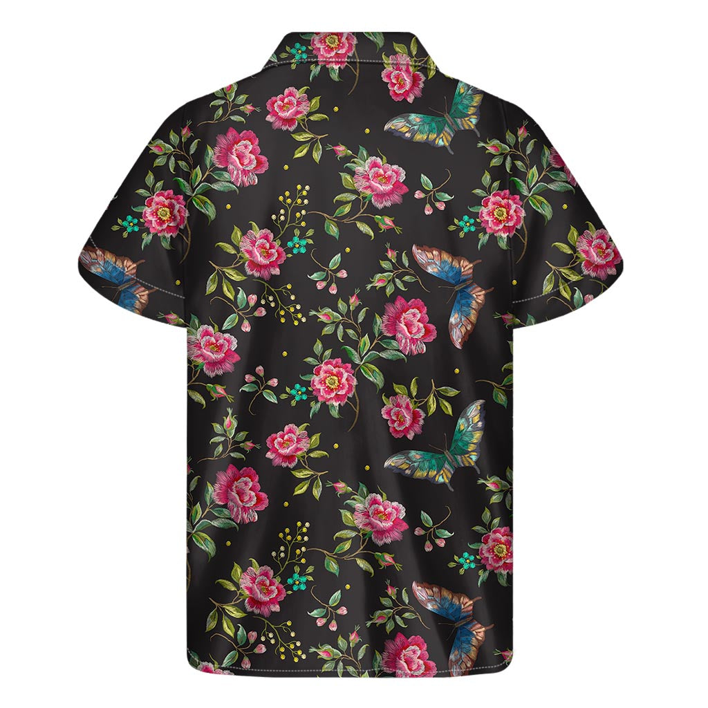 Butterfly And Flower Pattern Print Men's Short Sleeve Shirt