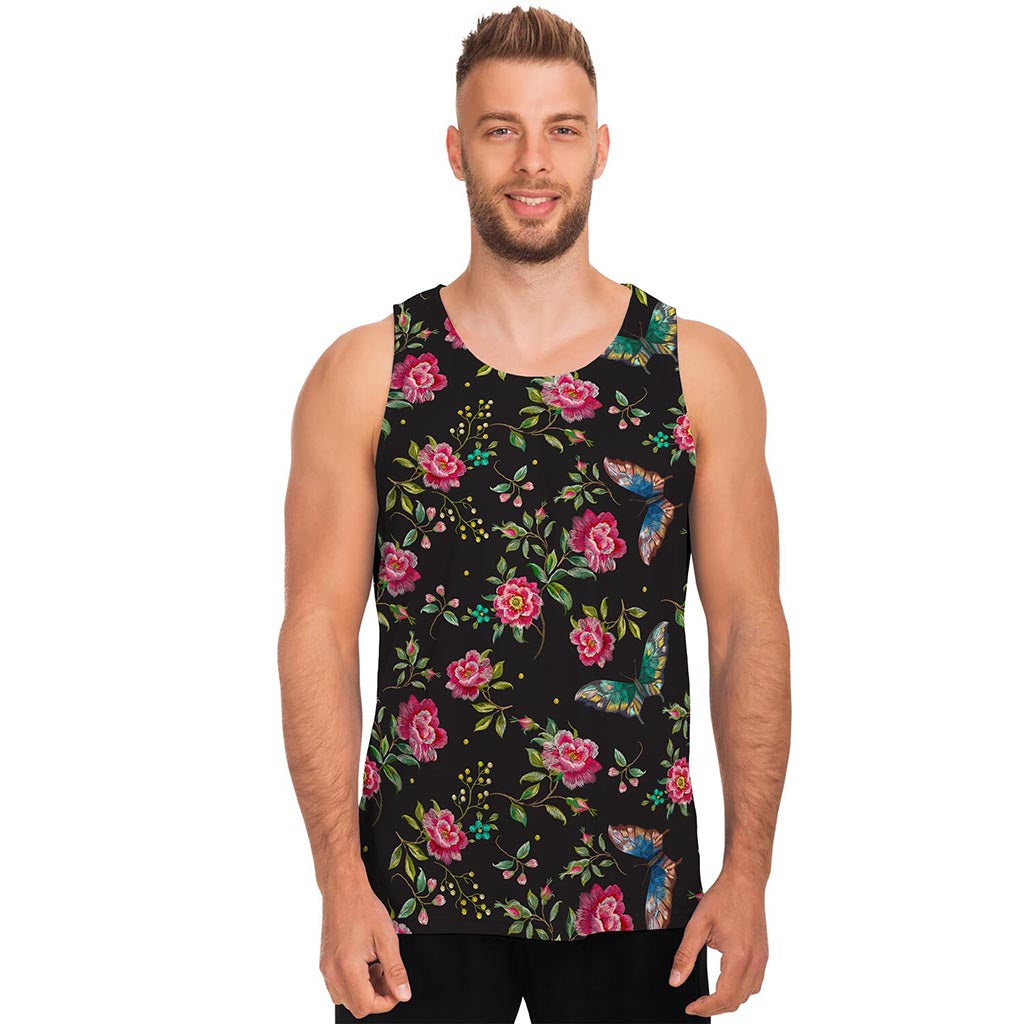 Butterfly And Flower Pattern Print Men's Tank Top