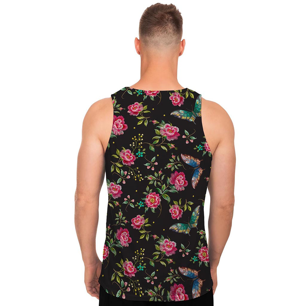 Butterfly And Flower Pattern Print Men's Tank Top