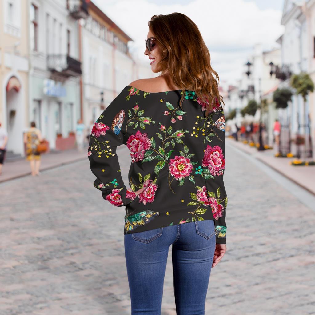 Butterfly And Flower Pattern Print Off Shoulder Sweatshirt GearFrost
