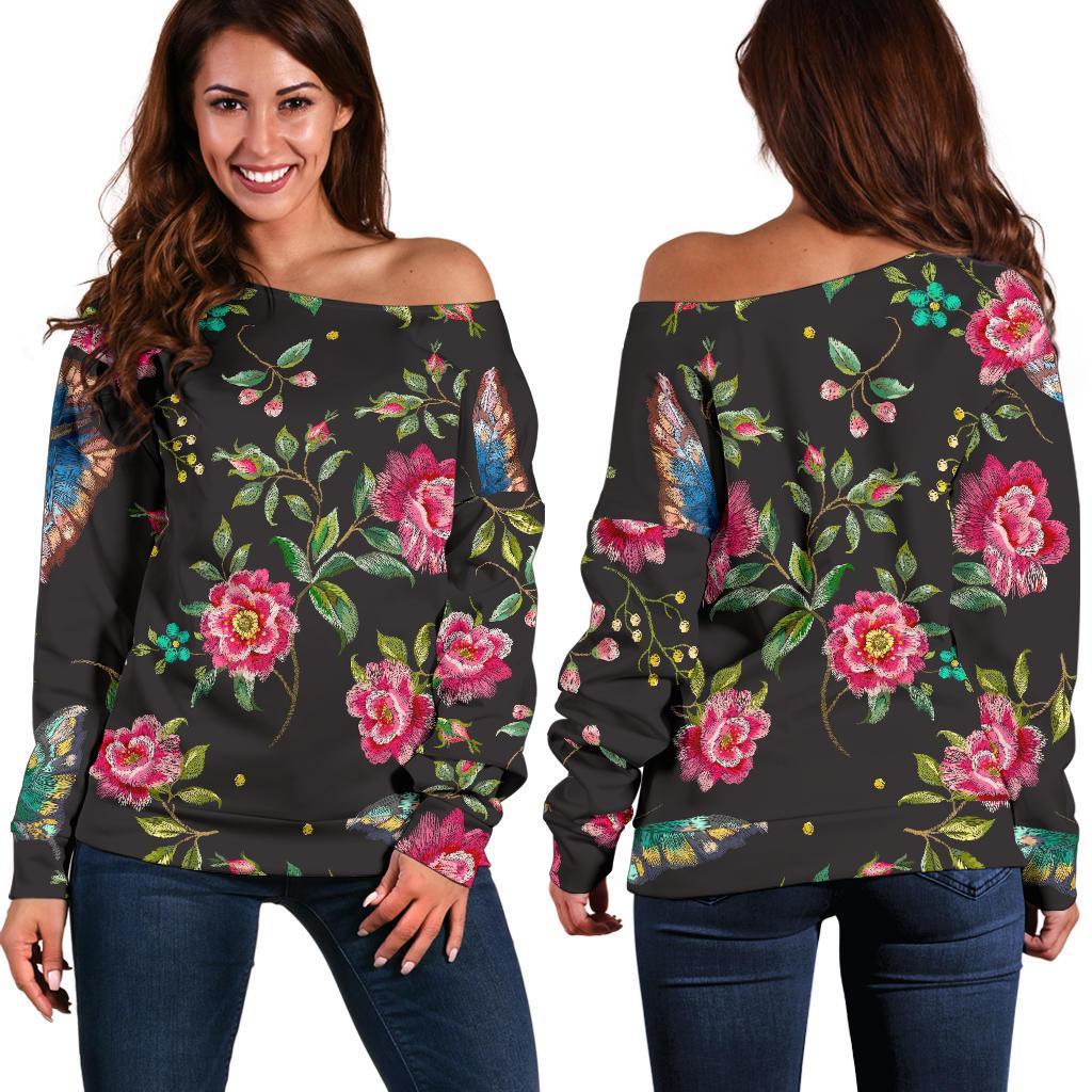 Butterfly And Flower Pattern Print Off Shoulder Sweatshirt GearFrost
