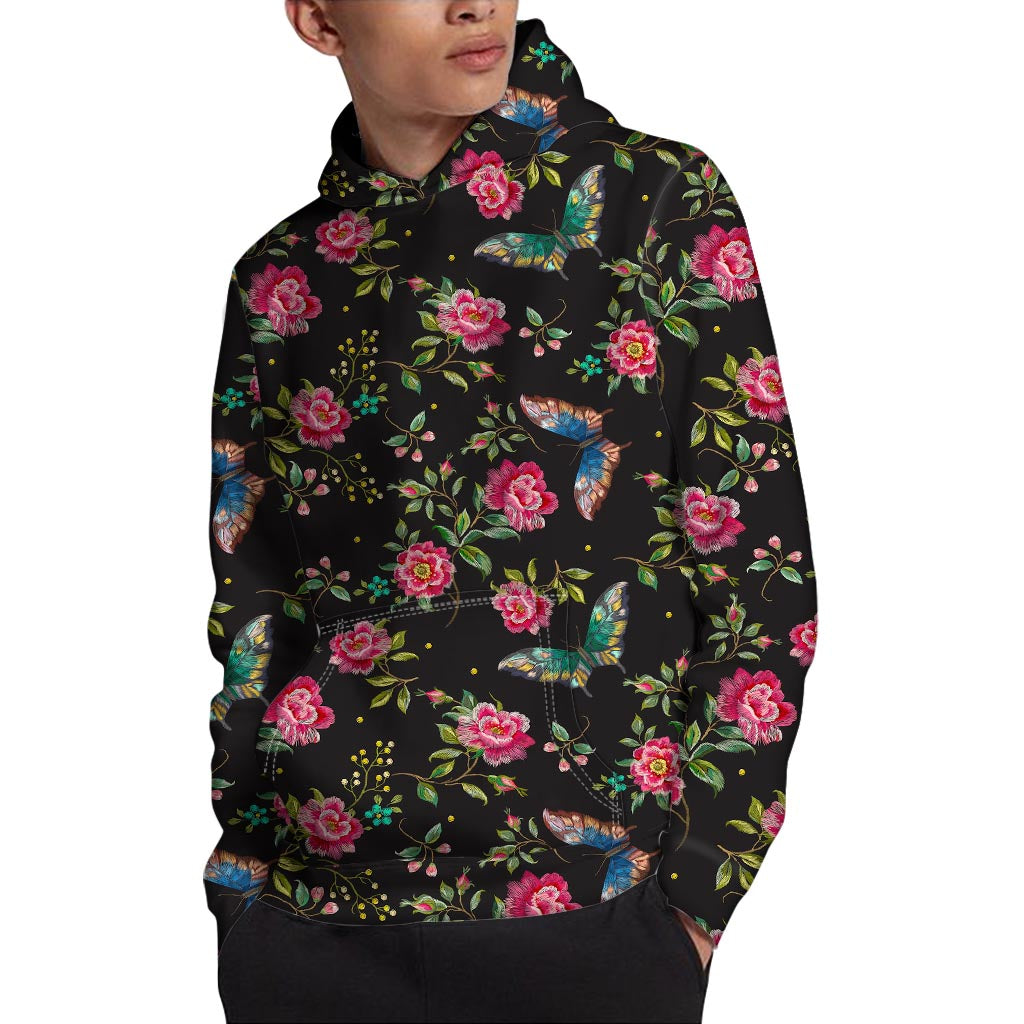 Butterfly And Flower Pattern Print Pullover Hoodie