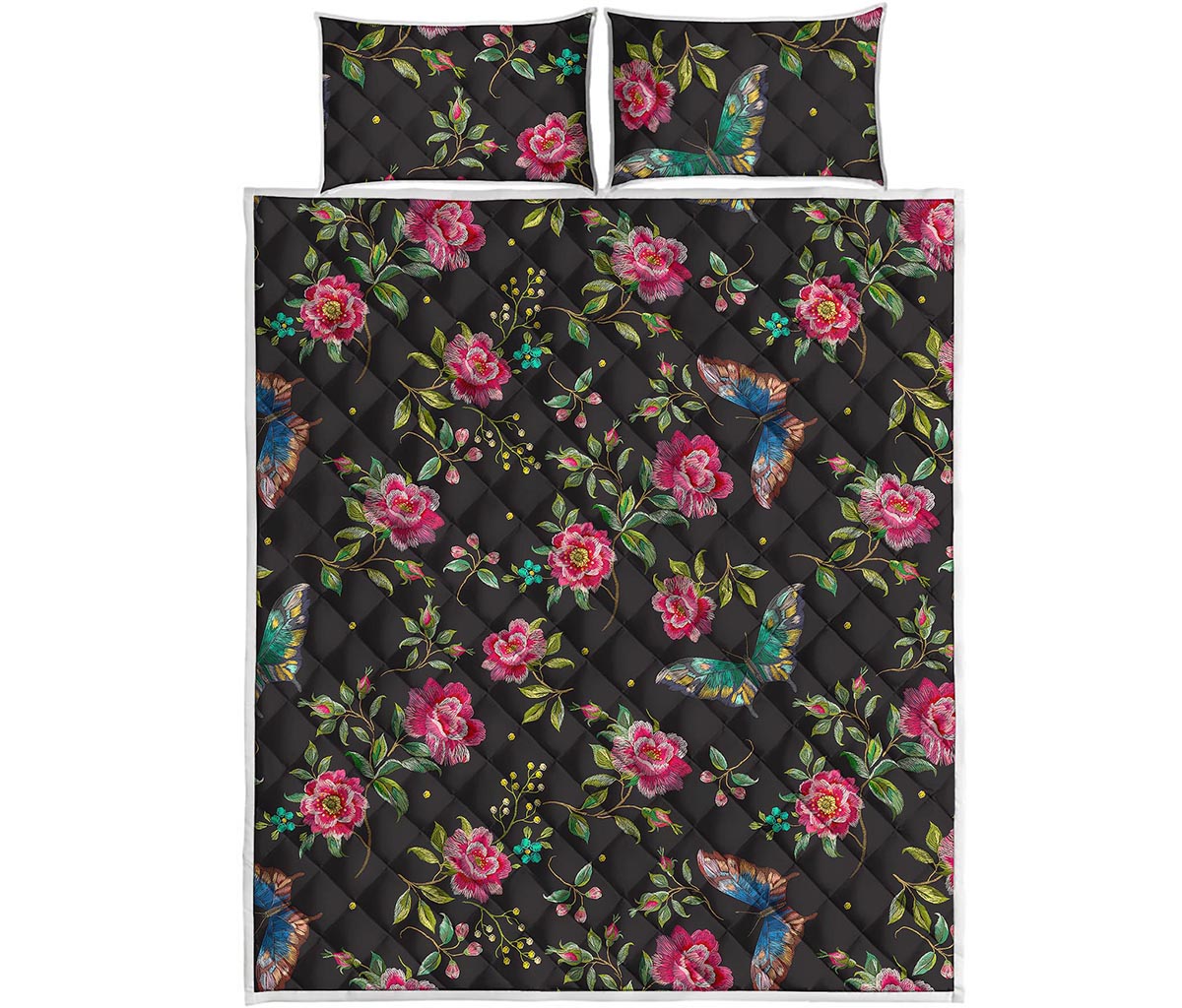 Butterfly And Flower Pattern Print Quilt Bed Set