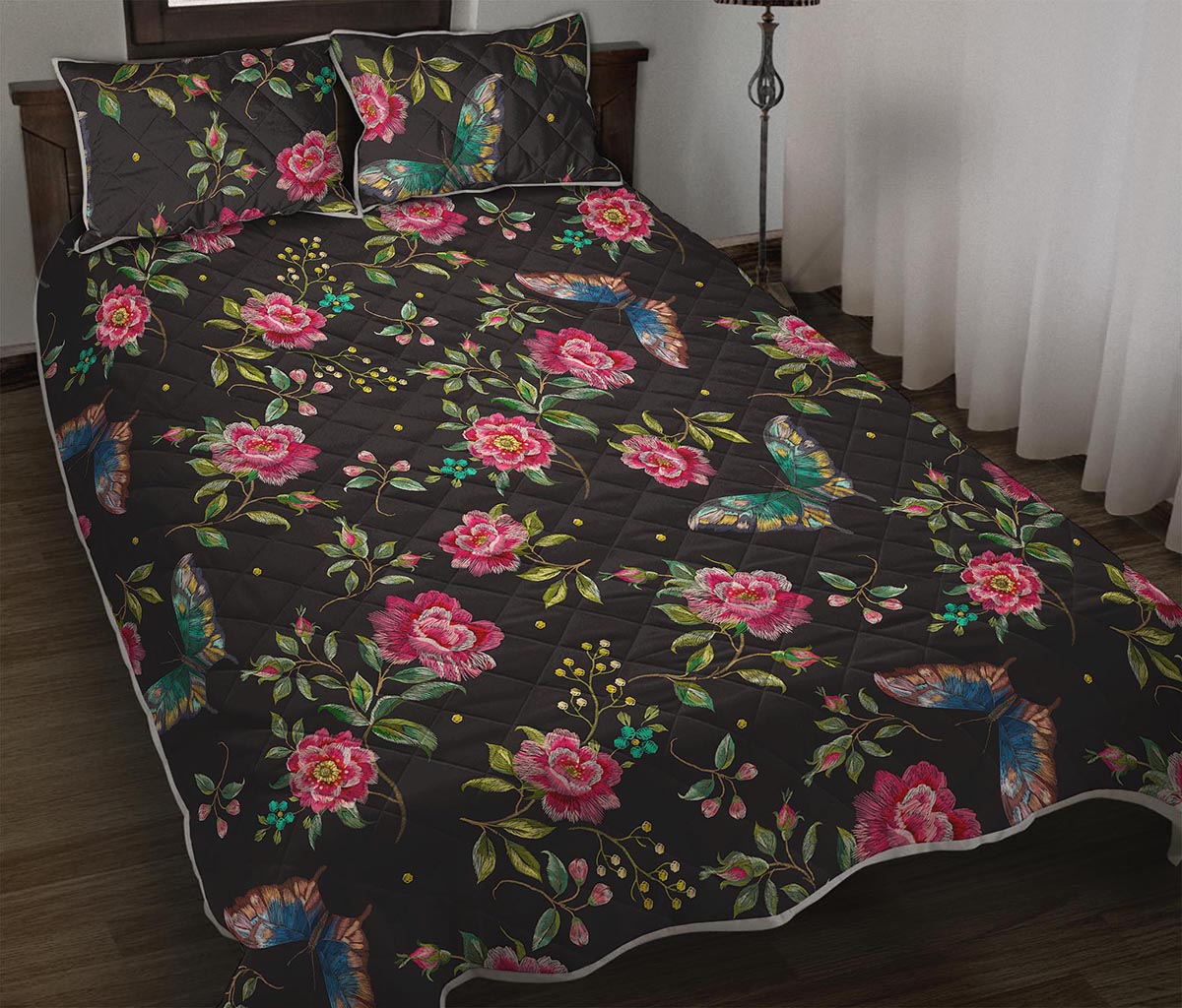 Butterfly And Flower Pattern Print Quilt Bed Set