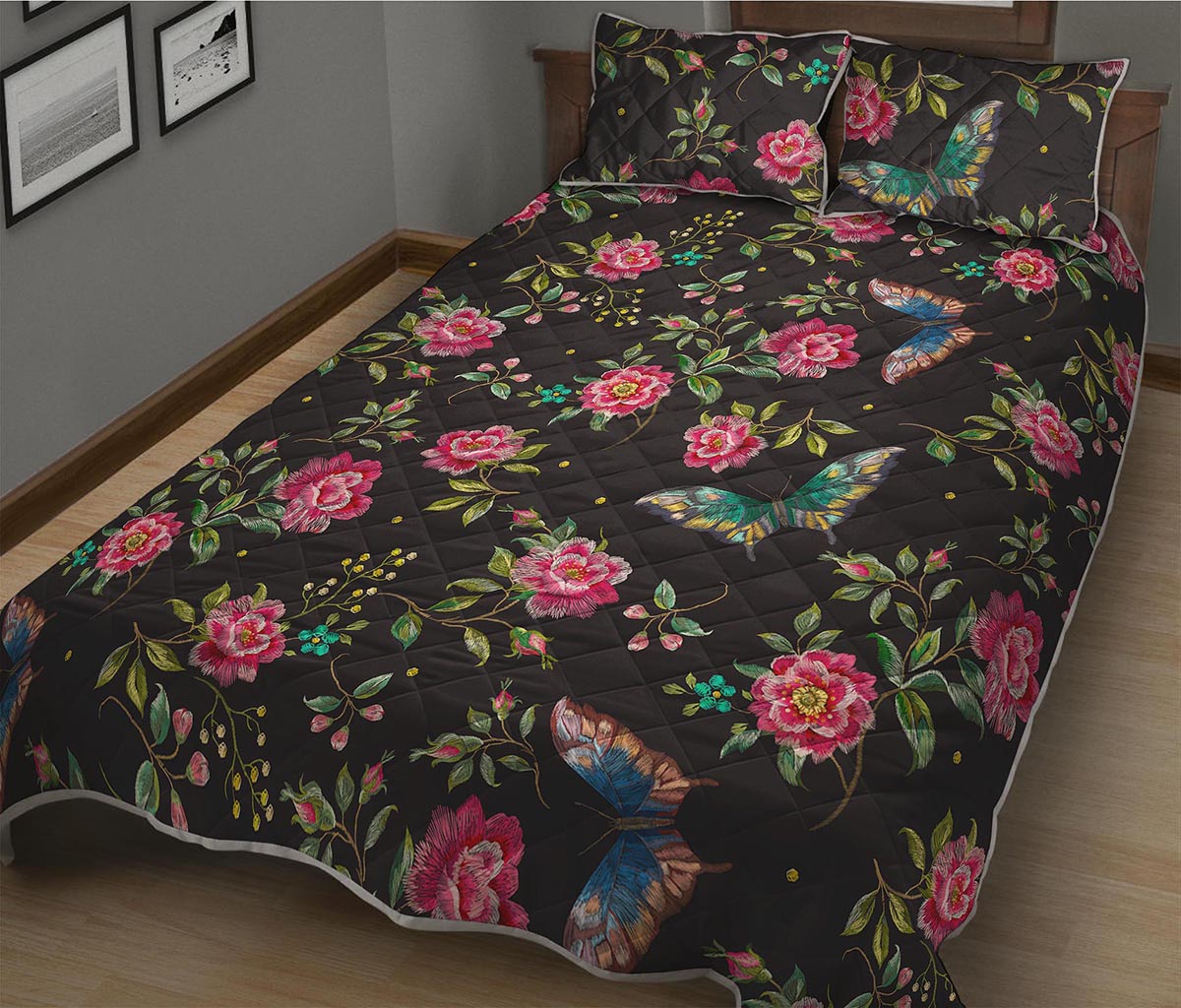 Butterfly And Flower Pattern Print Quilt Bed Set