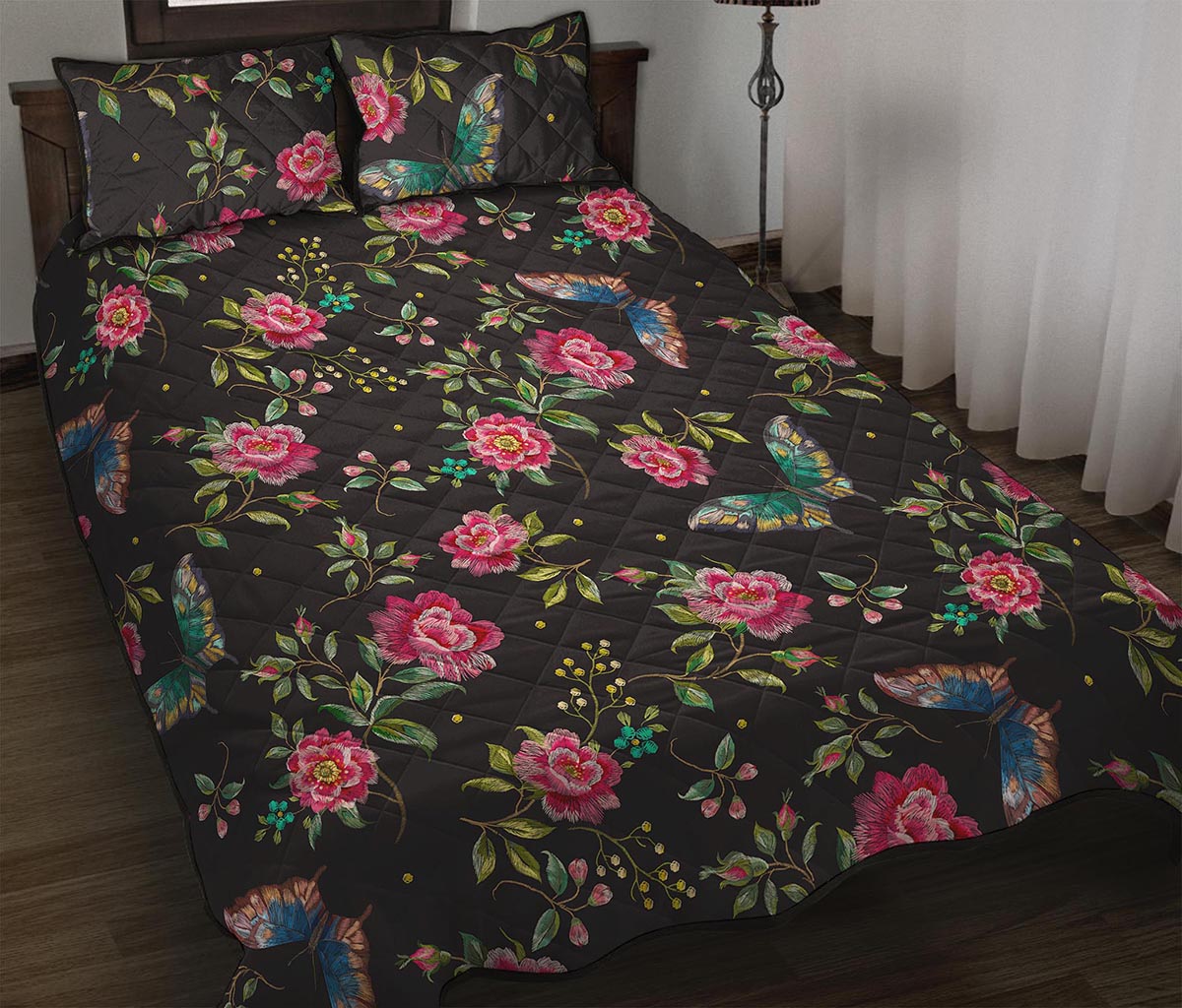 Butterfly And Flower Pattern Print Quilt Bed Set