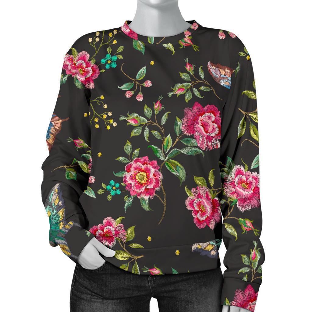 Butterfly And Flower Pattern Print Women's Crewneck Sweatshirt GearFrost