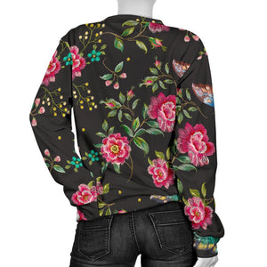 Butterfly And Flower Pattern Print Women's Crewneck Sweatshirt GearFrost